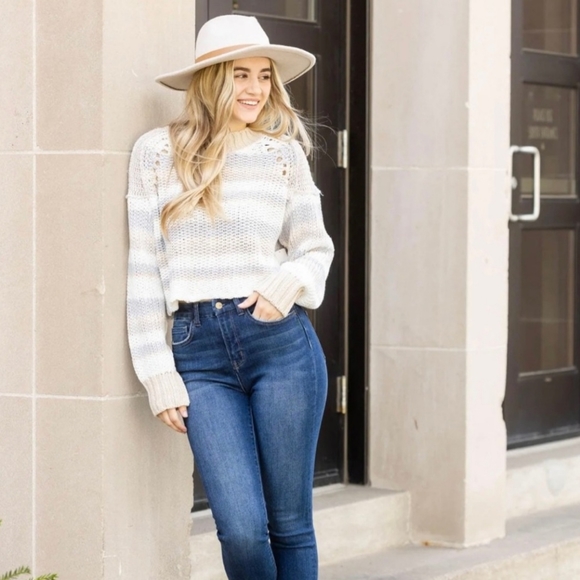Free People Devon Striped Cropped Sweater Chunky Knit cream minimalist Boho 90s - Picture 7 of 7